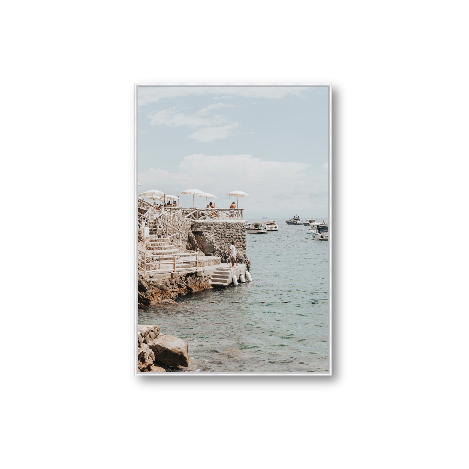 Pier Patrol fine art print, Nerano, Italy, Extra Large, White Float Frame, Fine Art Canvas