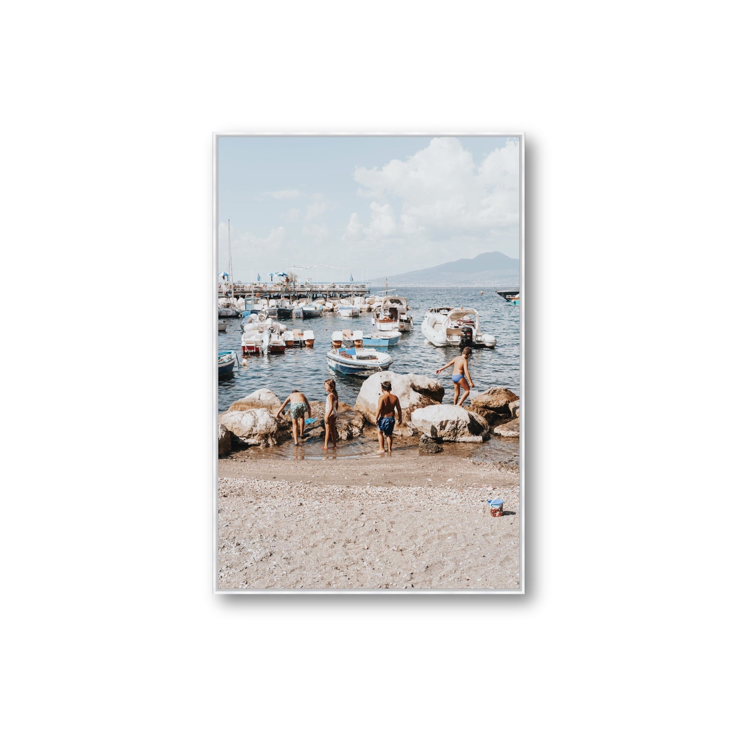 Searching For Treasures Sorrento coastal wall art Extra Large fine art canvas in white float frame