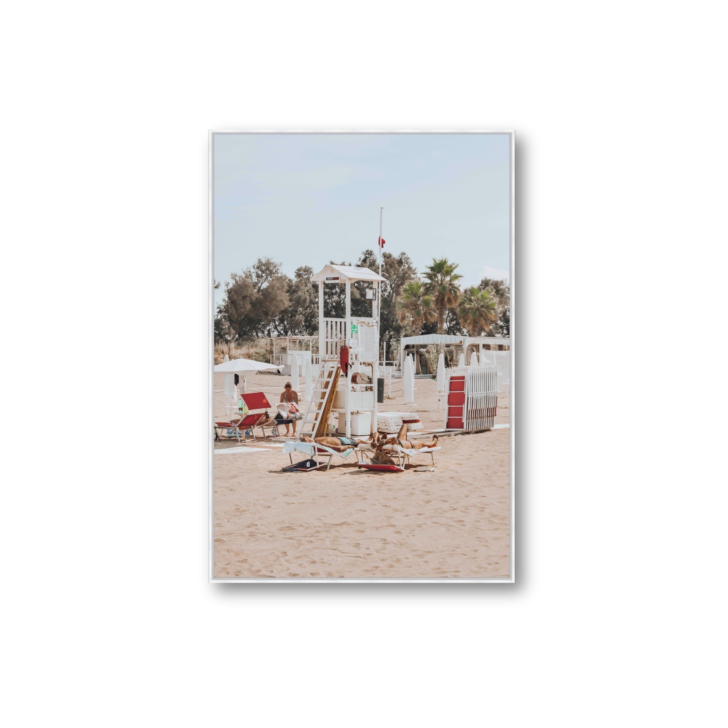 Red Lounge Reverie Puglia beach coastal wall art Extra Large fine art canvas in white float frame
