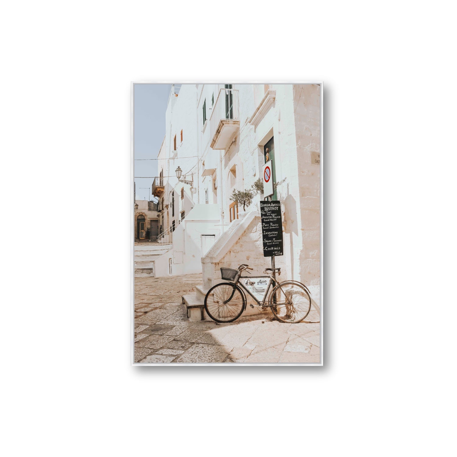 La Bicicletta Puglia Ostuni wall art Extra Large fine art canvas in white float frame