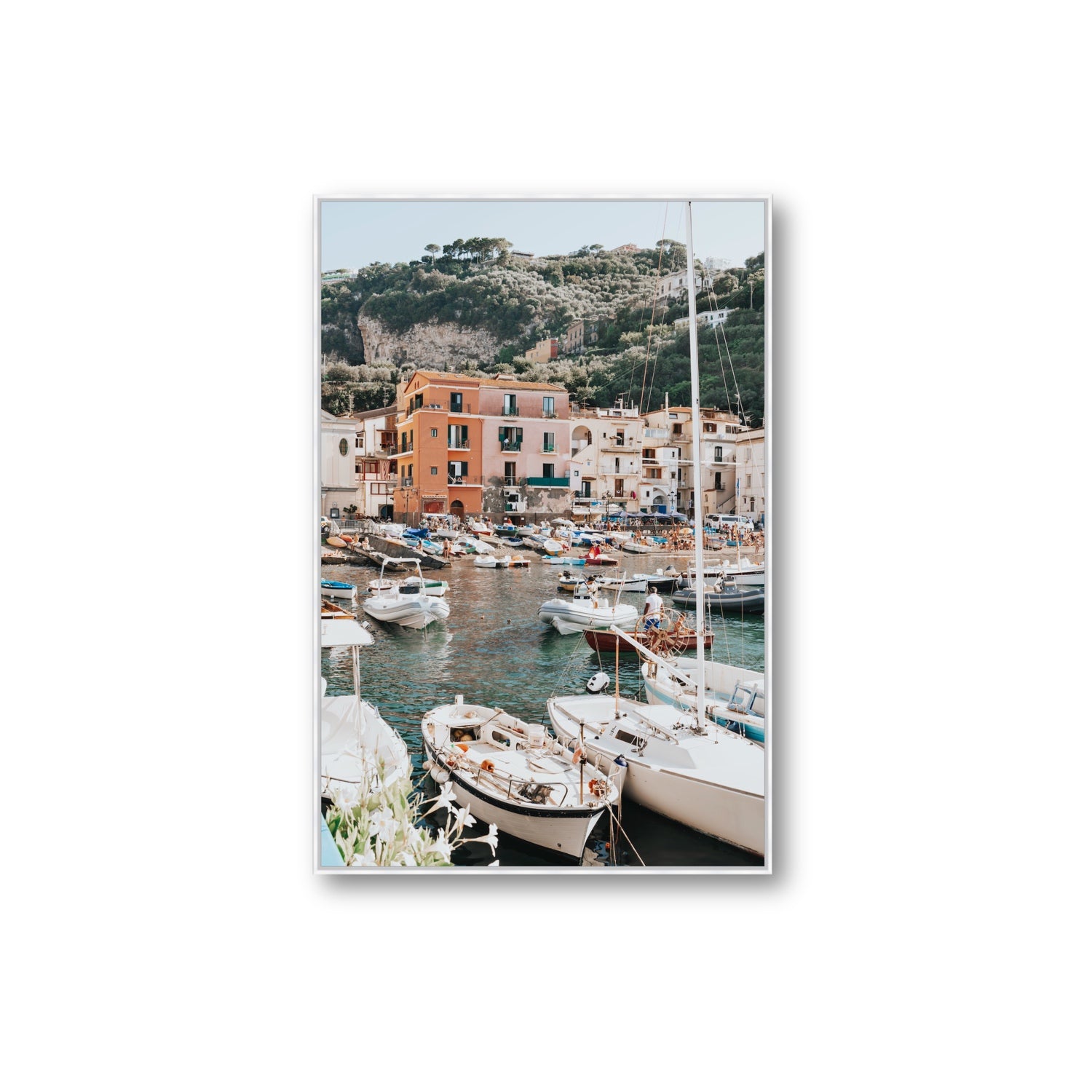 Marina Grande Sorrento coastal Italian wall art Extra Large fine art canvas in white float frame