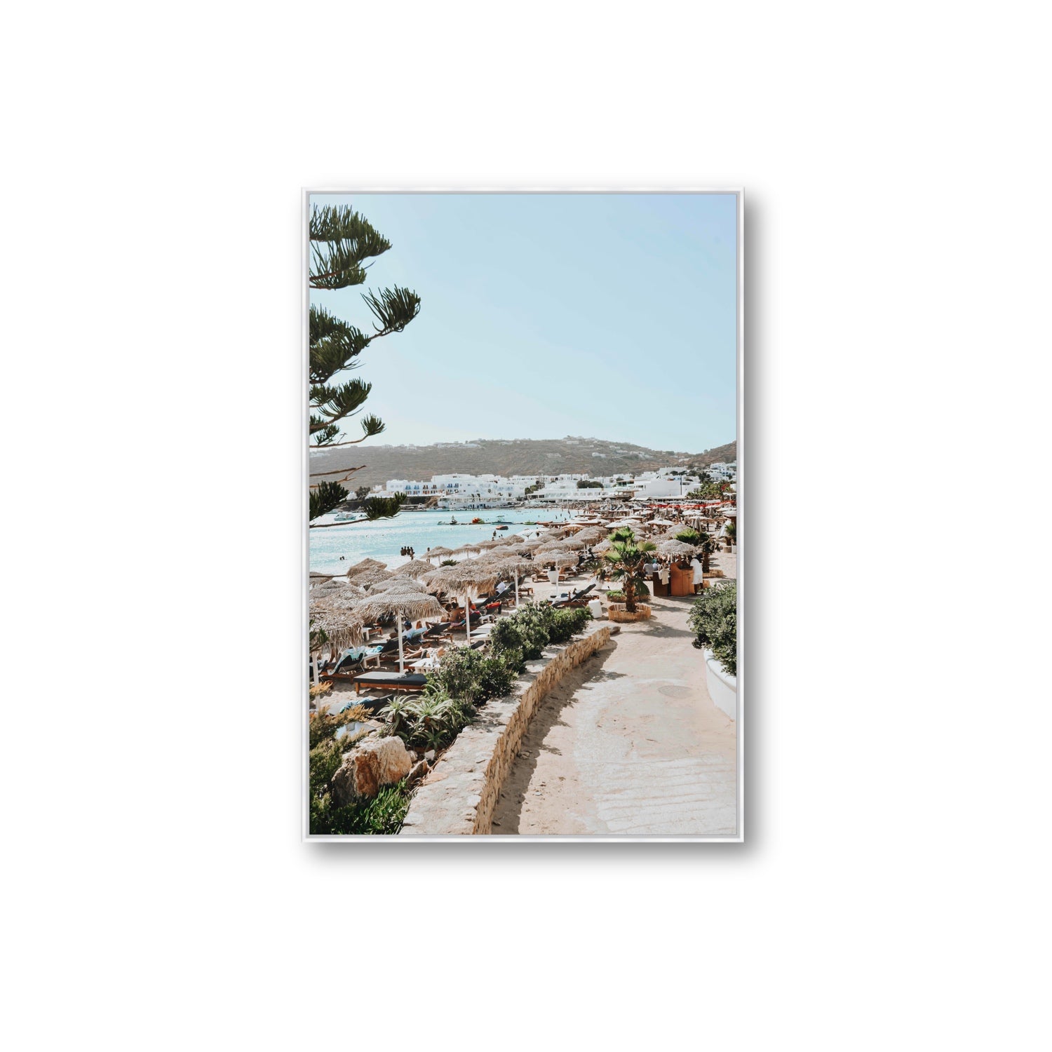 All Roads Lead To The Beach Mykonos Greek island wall art Extra Large fine art canvas in white float frame