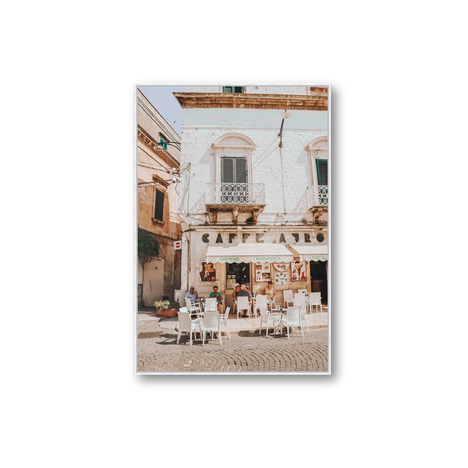 Cafe Ostuni Puglia Café Ostuni Italian wall art Extra Large fine art canvas in white float frame