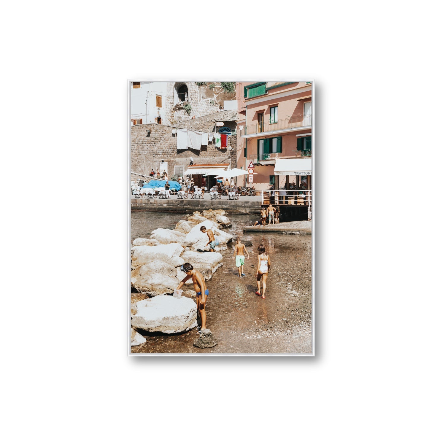 The Beachcombers Sorrento beach coastal wall art Extra Large fine art canvas in white float frame