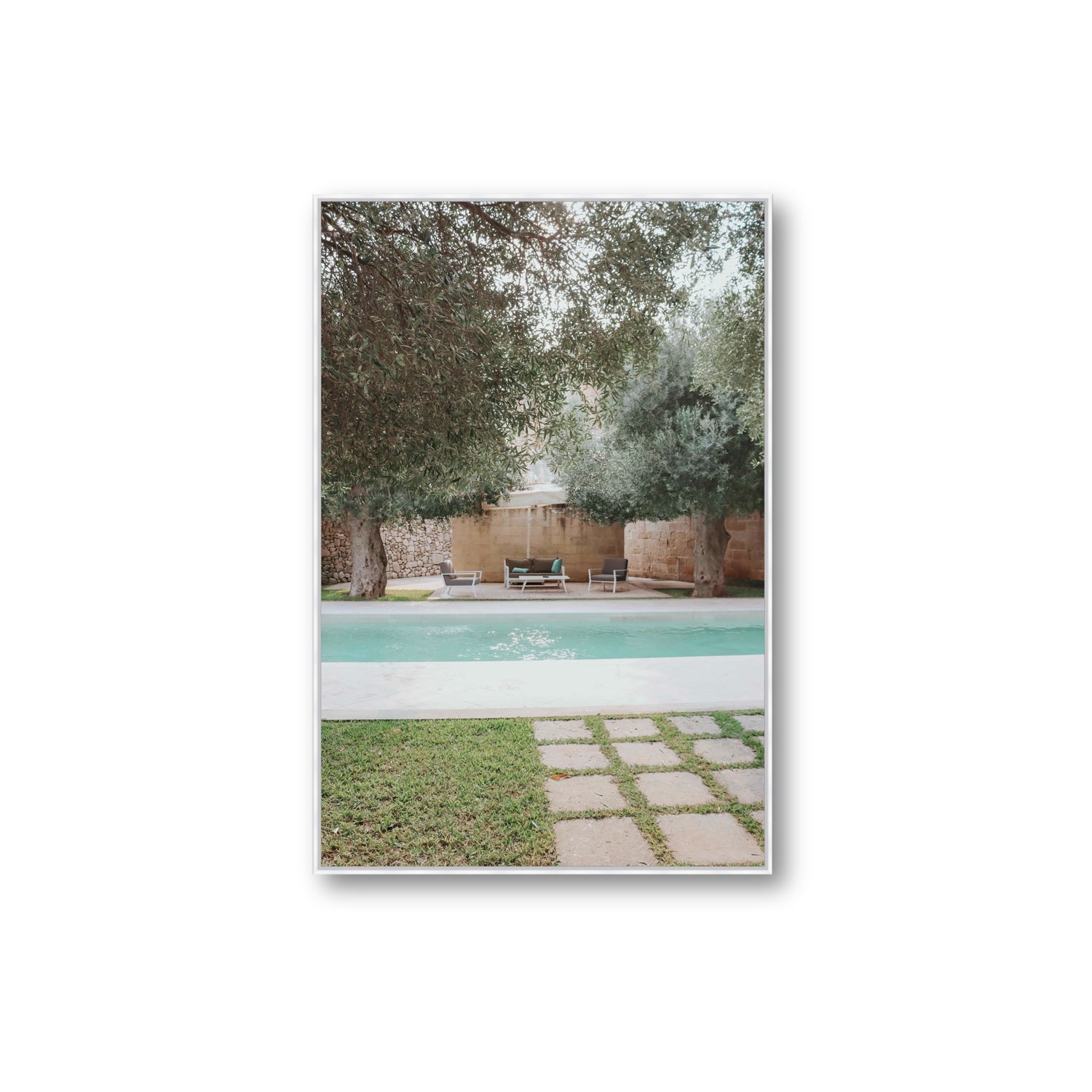 Idyllic Escape Puglia Mediterranean wall art Extra Large fine art canvas in white float frame