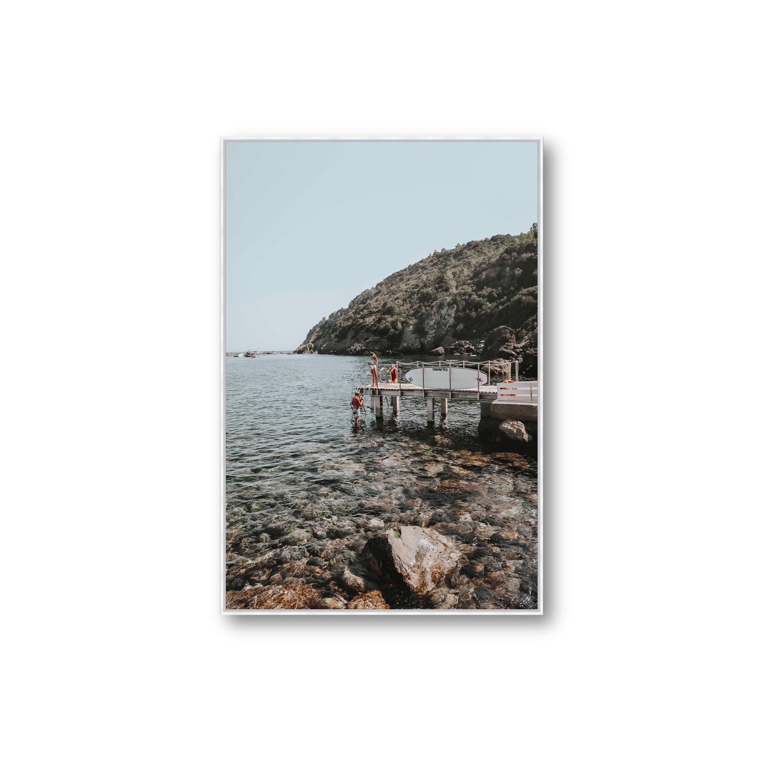 Tidal Explorers Tuscany coastal Italian wall art Extra Large fine art canvas in white float frame