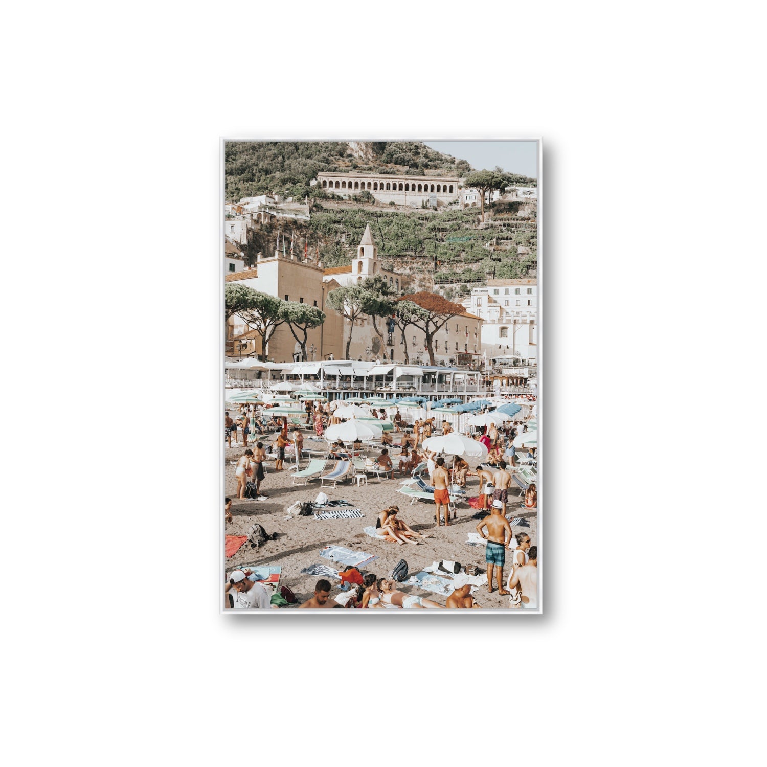 Festa In Spiaggia Amalfi coastal wall art Extra Large fine art canvas in white float frame
