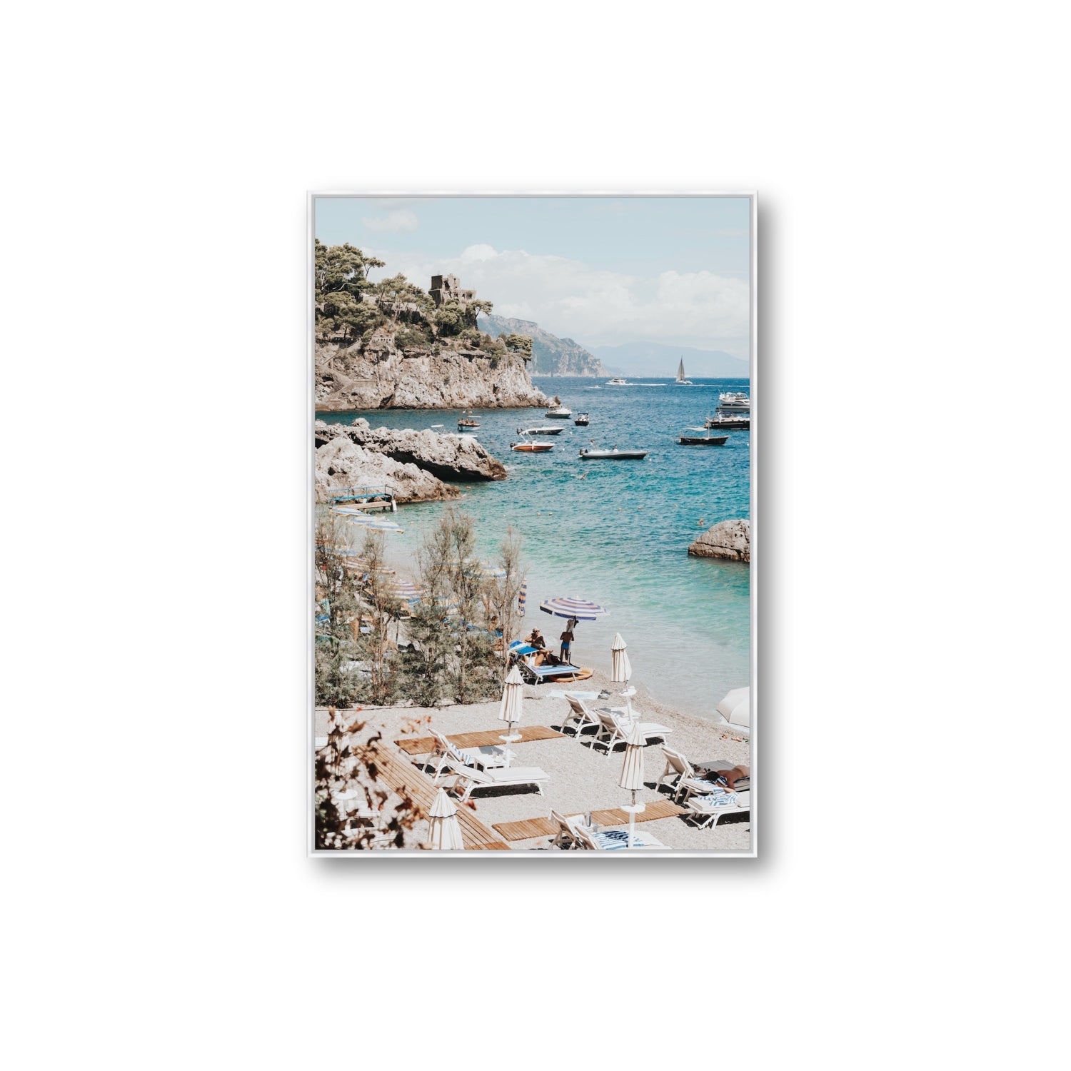 Sizzling Summer Days Amalfi coastal wall art Extra Large fine art canvas in white float frame