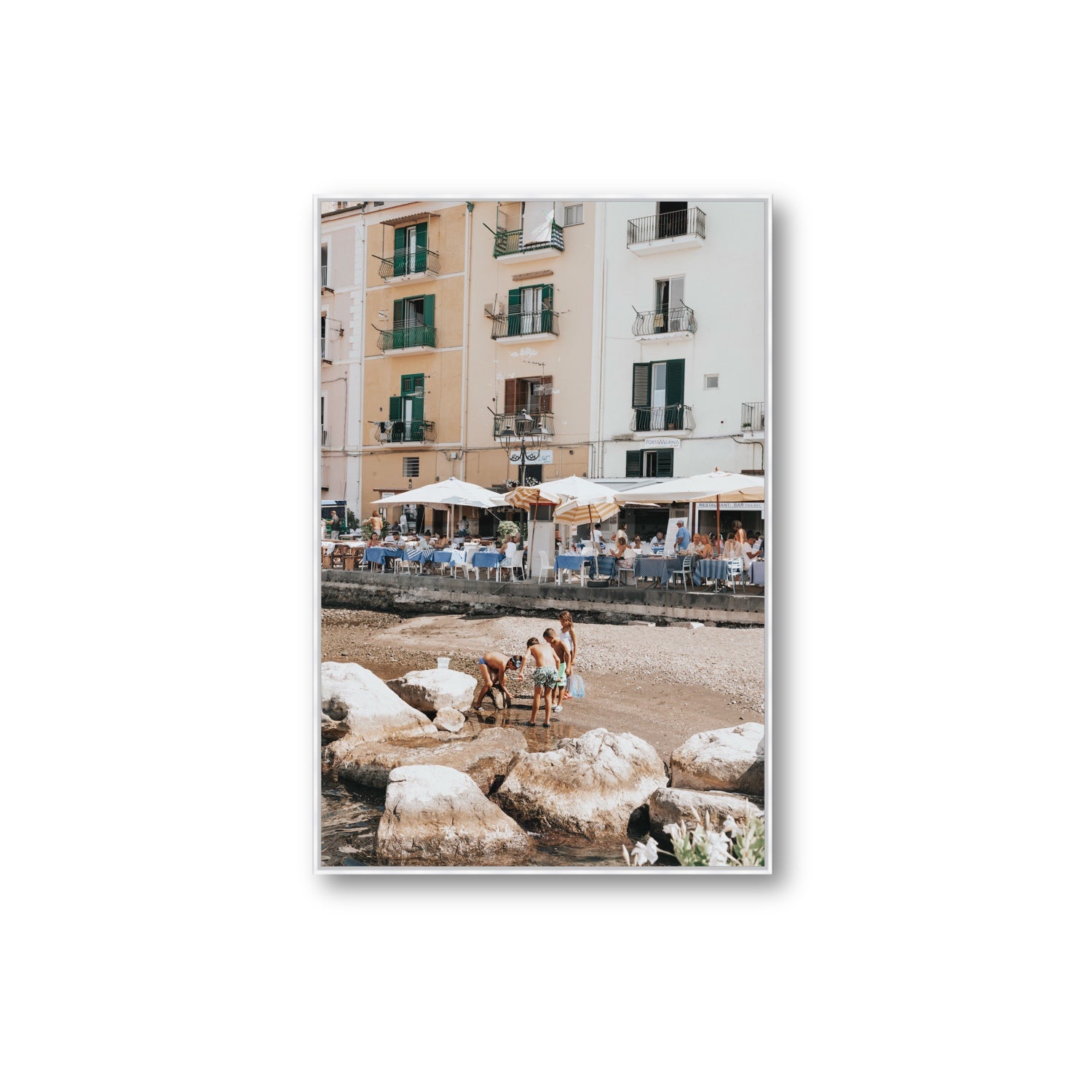 Sunny Playtime Sorrento coastal wall art Extra Large fine art canvas in white float frame