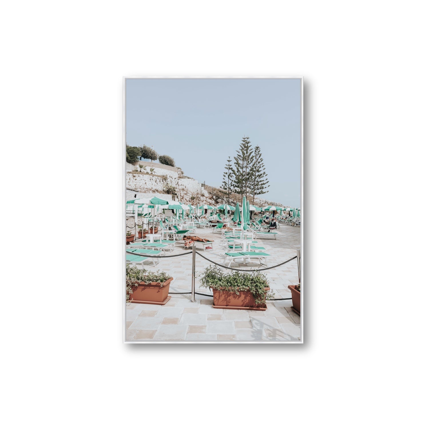 Siesta on The Terrace Puglia coastal wall art Extra Large fine art canvas in white float frame
