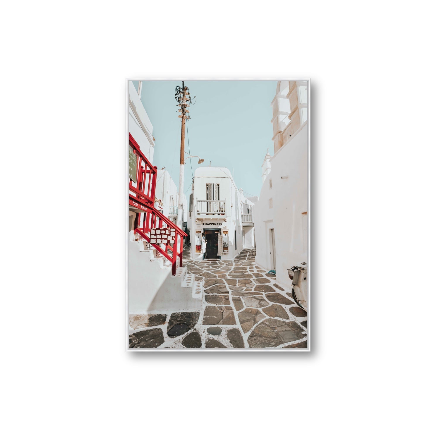 Happiness Mykonos Greek island wall art Extra Large fine art canvas in white float frame
