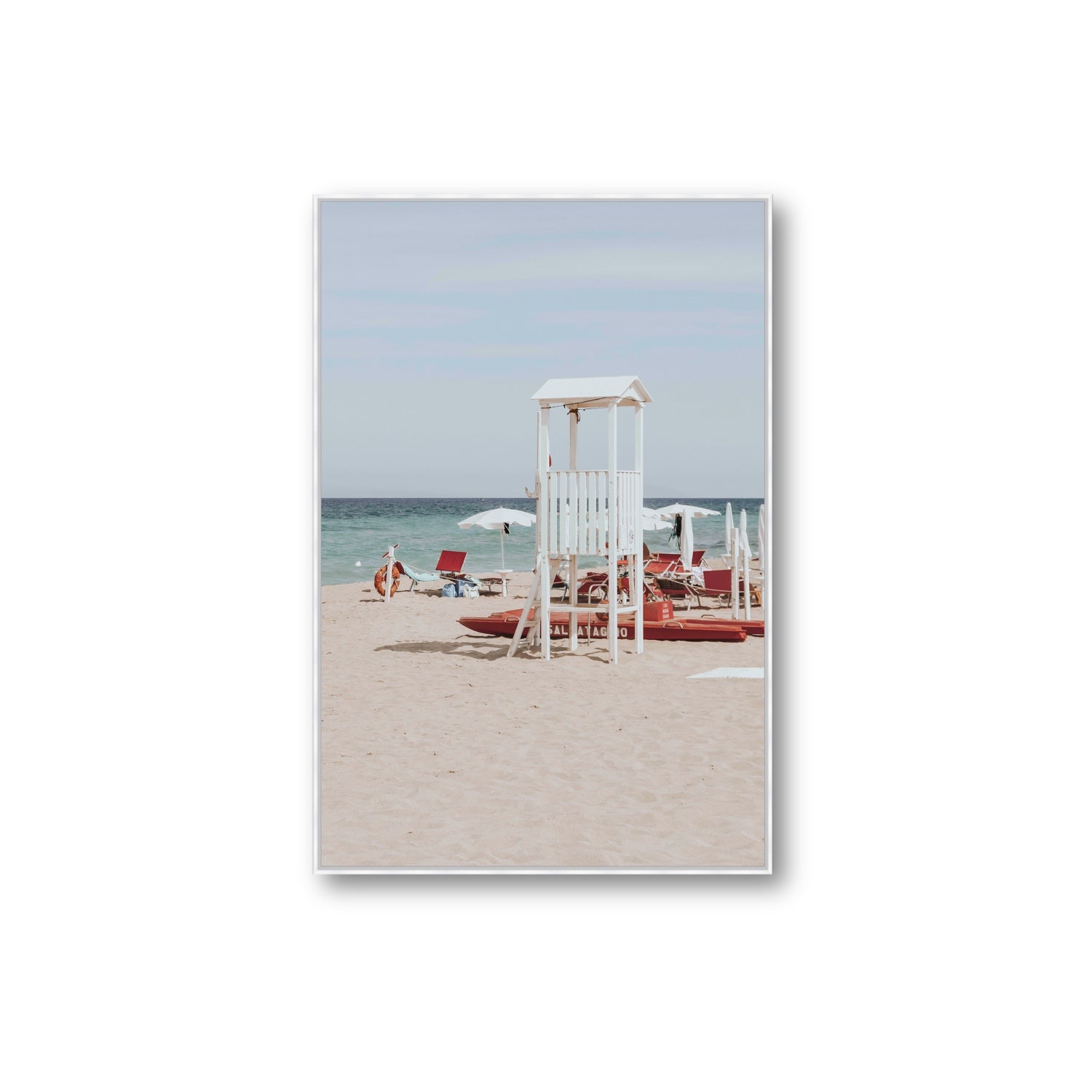 Barefoot Bliss Puglia beach Italian coastal decor wall art Extra Large fine art canvas in white float frame