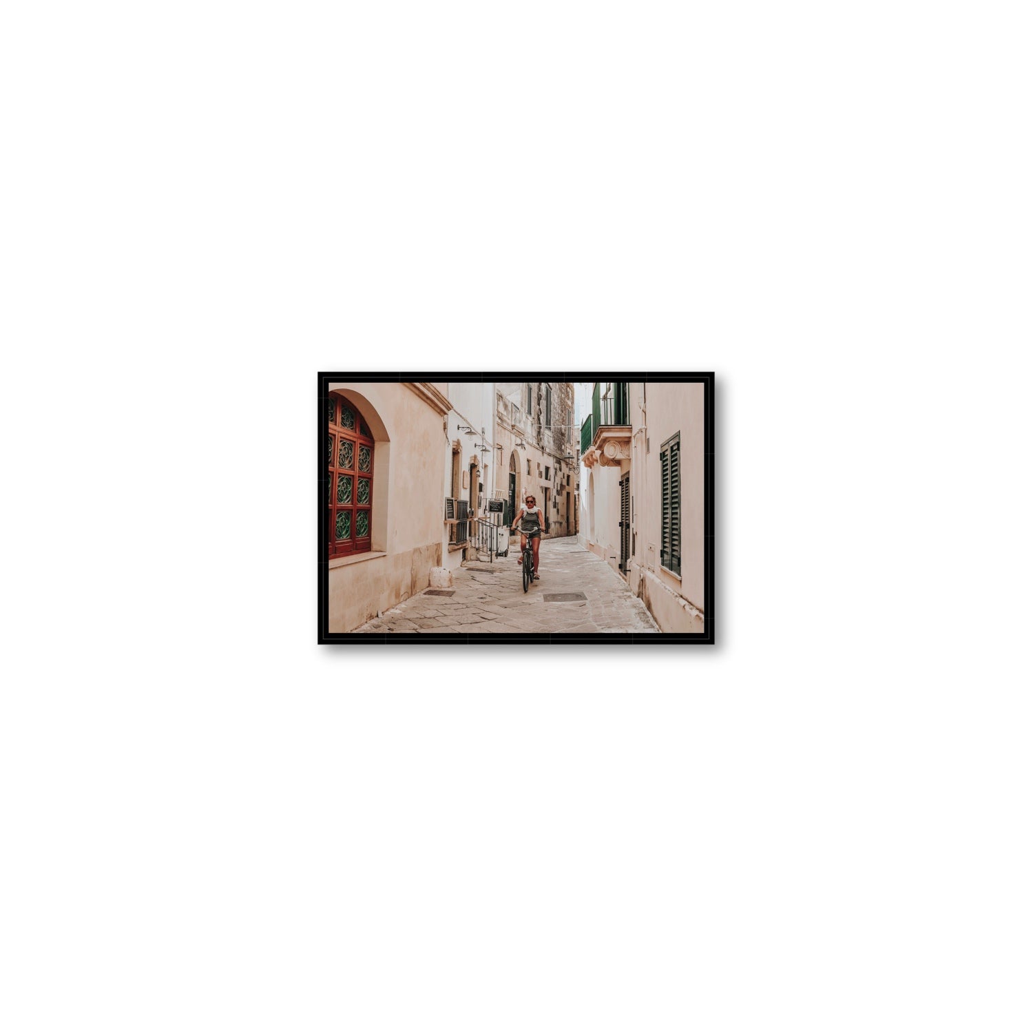 La Donna In Bicicletta Puglia Wall Italian fine art print Small fine art canvas in black float frame