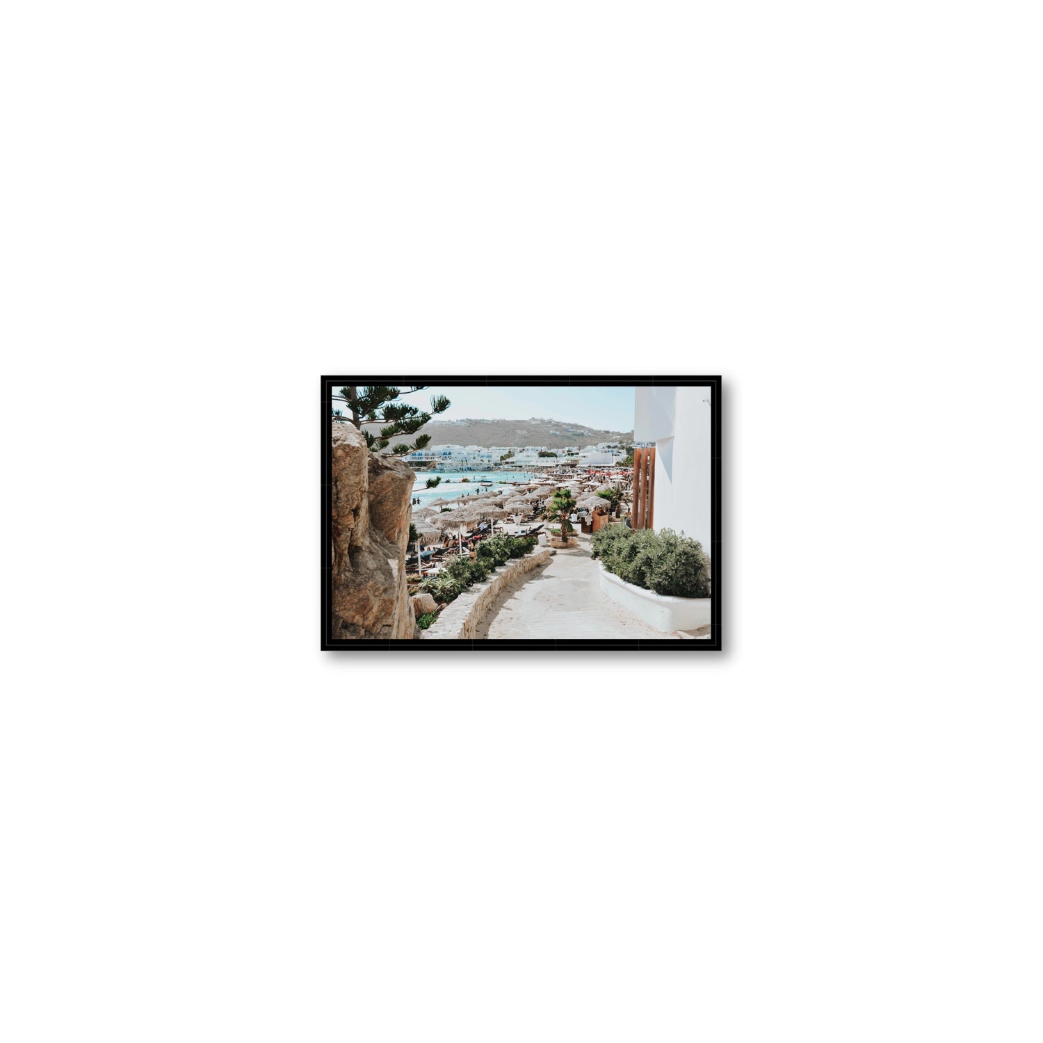 Kalimera Mykonos Greek island wall art Small fine art canvas in black float frame