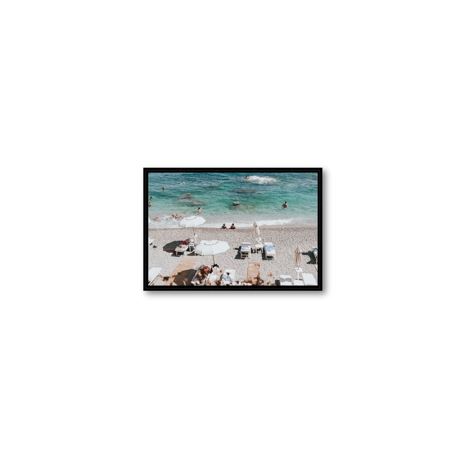 Amicizia Amalfi Italian beach wall art Small fine art canvas in black float frame