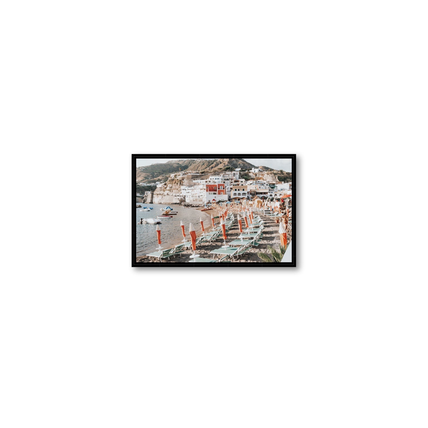 Sole Estivo Ischia Italian coastal wall art Small fine art canvas in black float frame