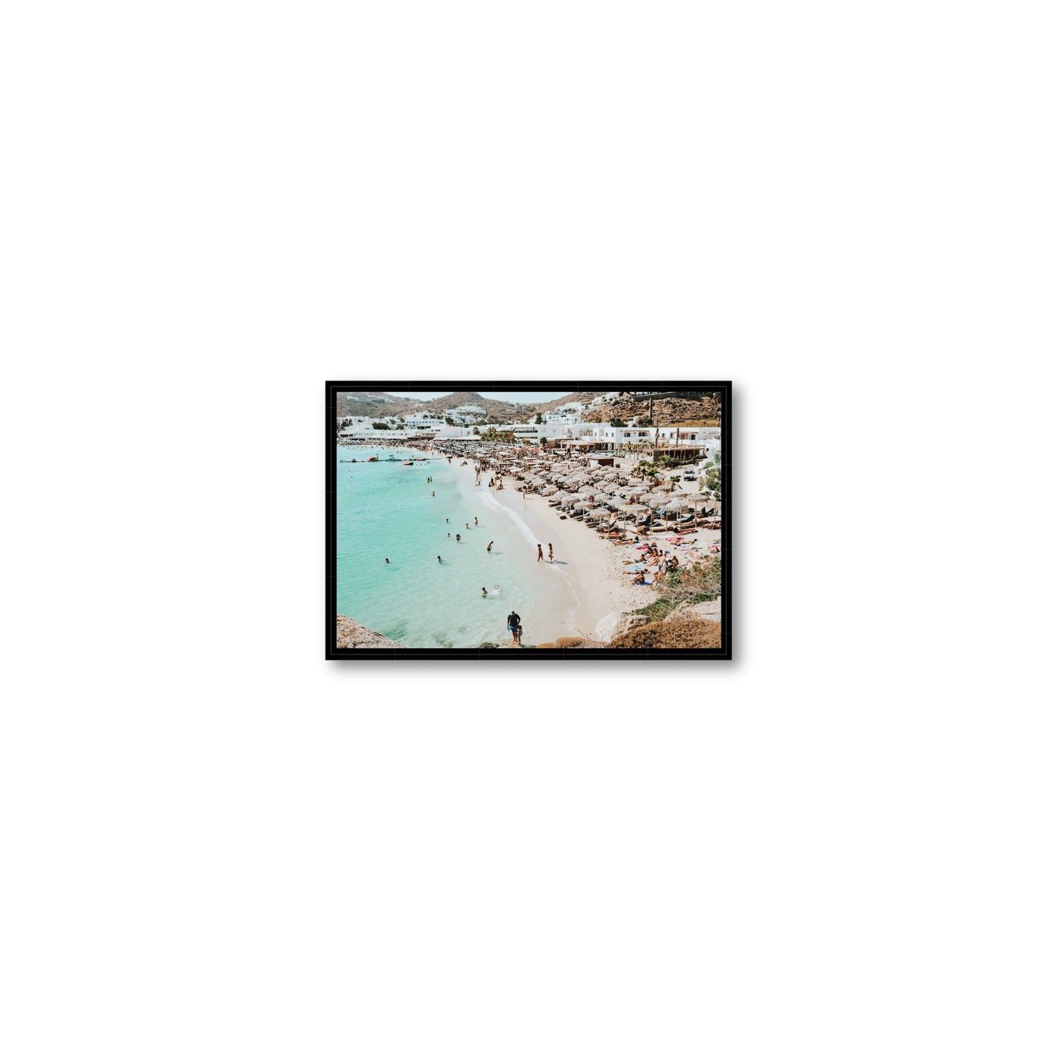 Aquaholic Mykonos Greek island wall art Small fine art canvas in black float frame