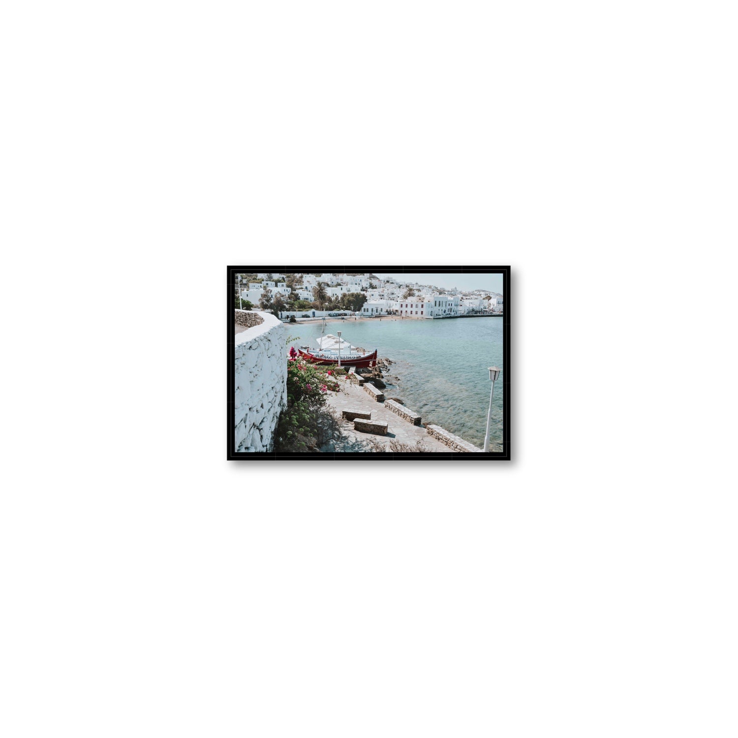 Harika Mykonos Greek island wall art Small fine art canvas in black float frame