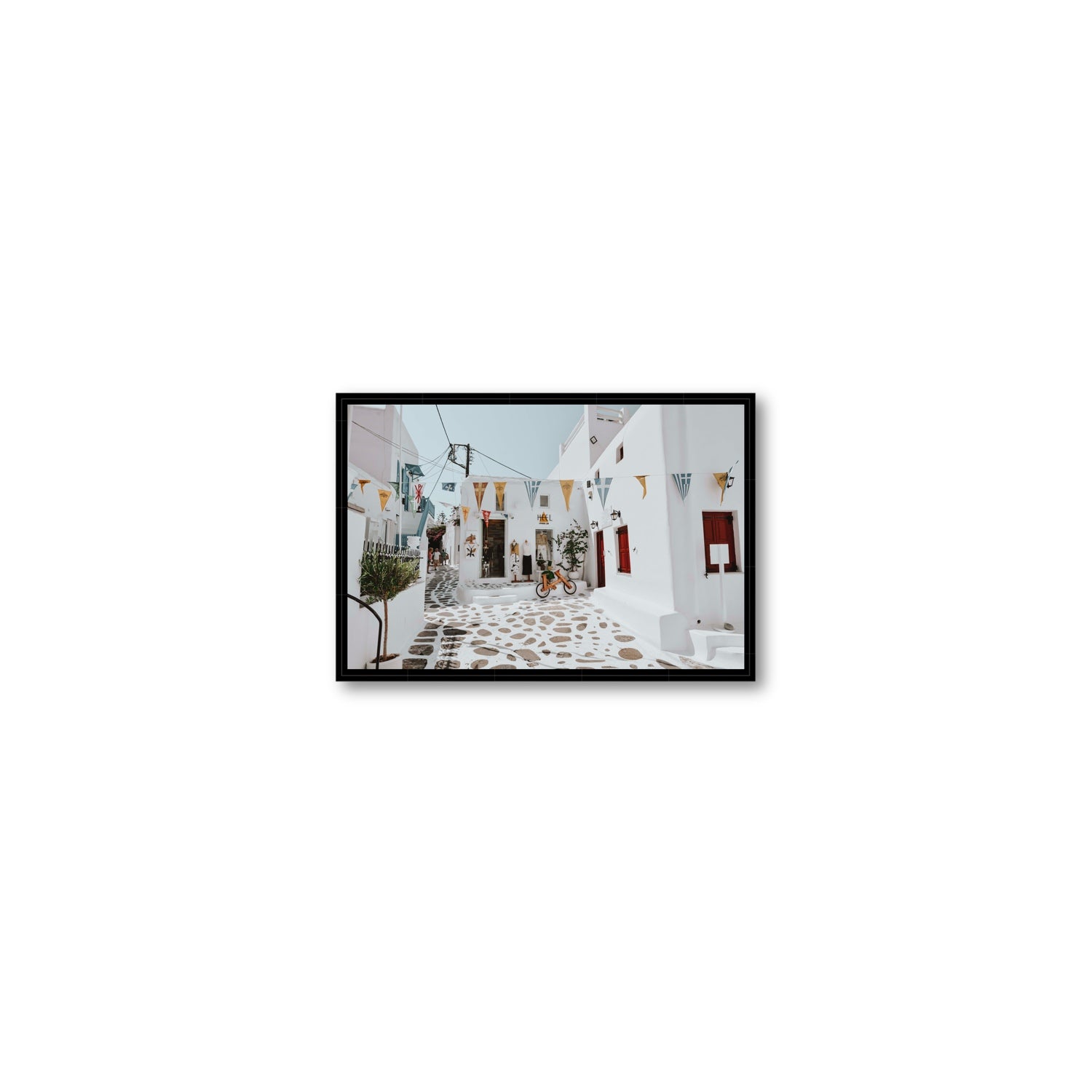 Cruising The Streets Mykonos Greek island wall art Small fine art canvas in black float frame