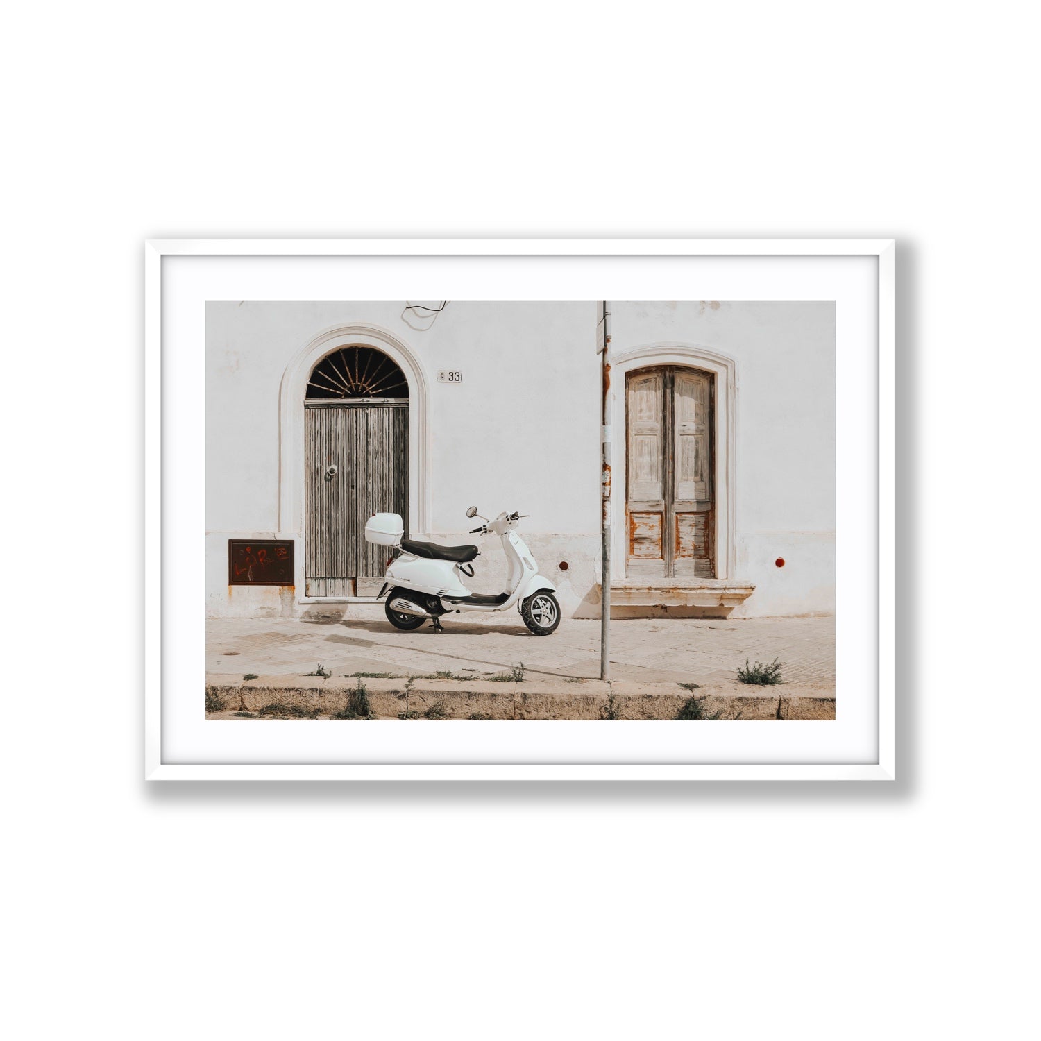 Vespa Nostalgia Puglia Italian wall art Extra Large fine art print in white frame with matboard