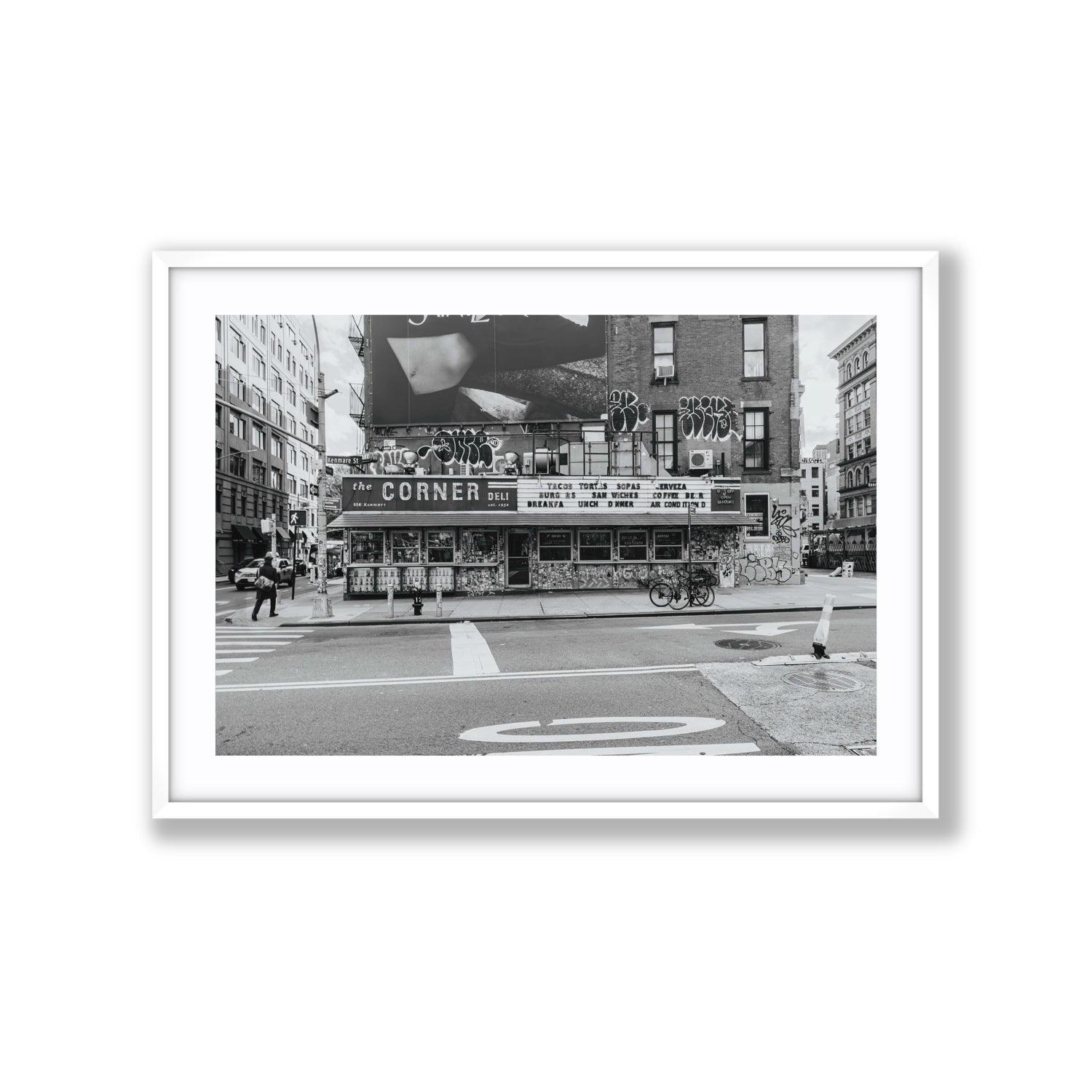 Kenmare Street New York NYC Black & White wall art Extra Large fine art print in white frame with matboard