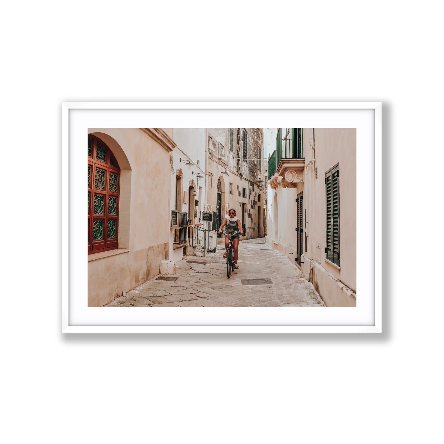 La Donna In Bicicletta Puglia Wall Italian fine art print Extra Large fine art print in white frame with matboard