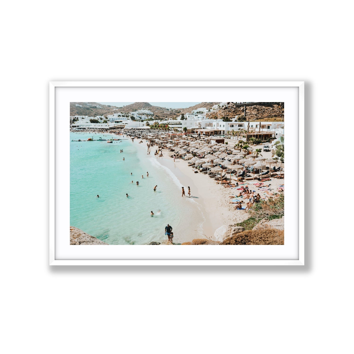 Aquaholic Mykonos Greek island wall art Extra Large fine art print in white frame with matboard