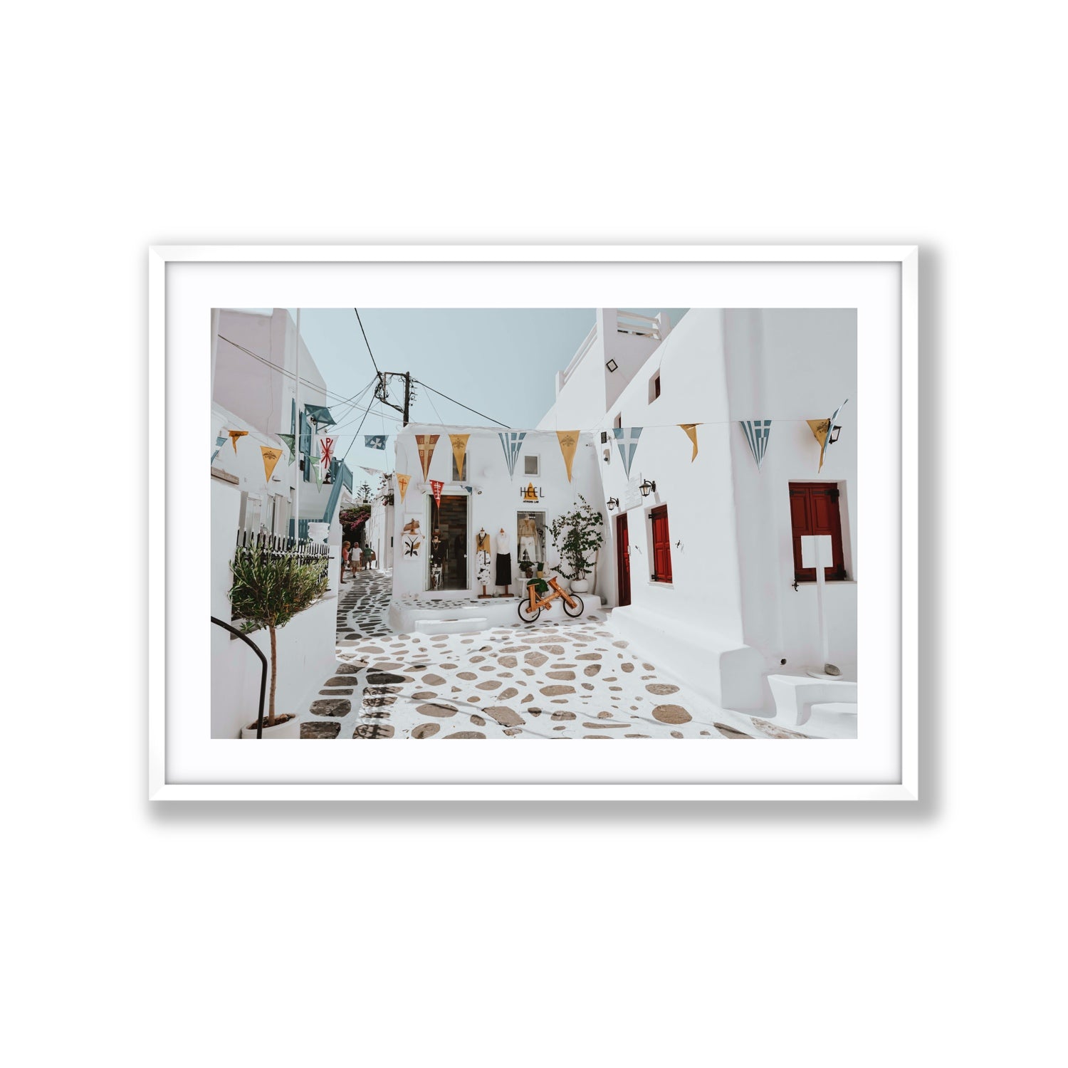 Cruising The Streets Mykonos Greek island wall art Extra Large fine art print in white frame with matboard