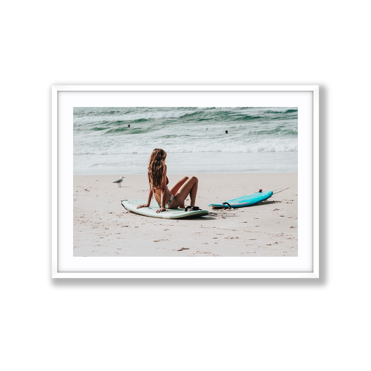 Ciao Bella Byron Bay Surf coastal wall art Extra Large fine art print in white frame with matboard