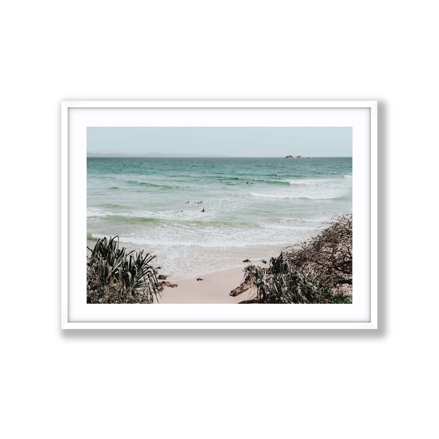 Surf City Byron Bay Surf coastal wall art Extra Large fine art print in white frame with matboard