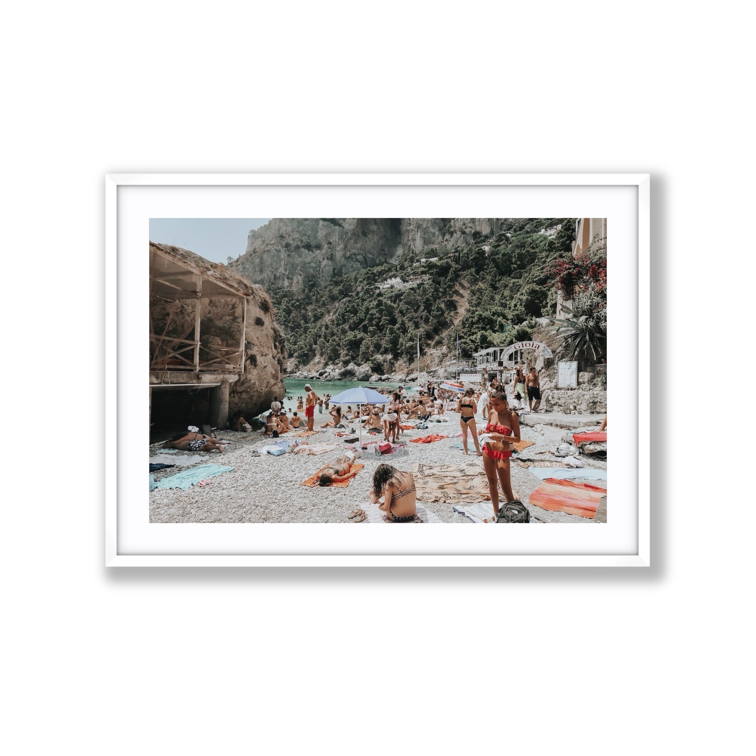 Spiaggia Da Gioia Capri beach coastal wall art Extra Large fine art print in white frame with matboard