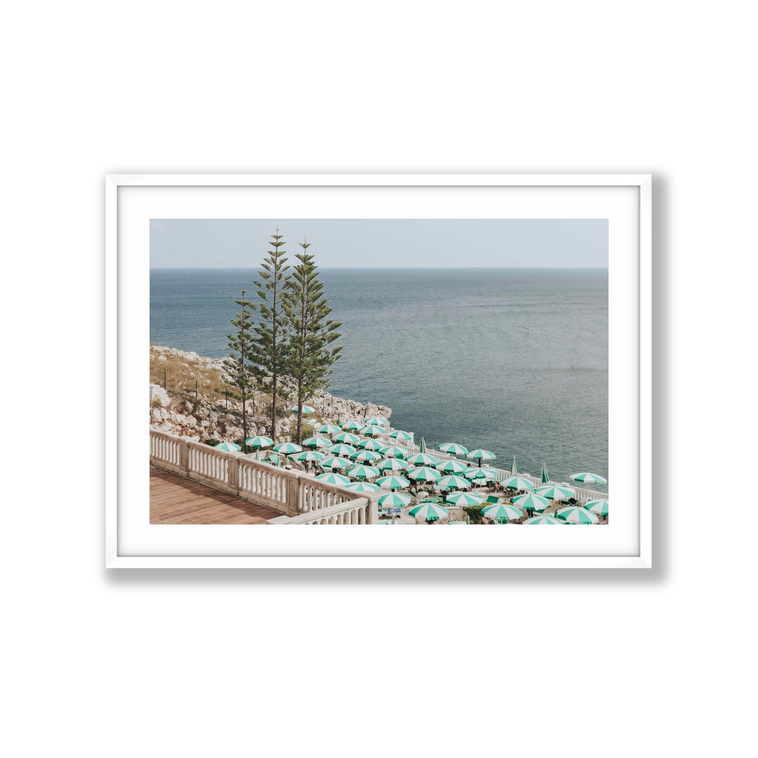 Azure Horizon Puglia beach coastal wall art Extra Large fine art print in white frame with matboard