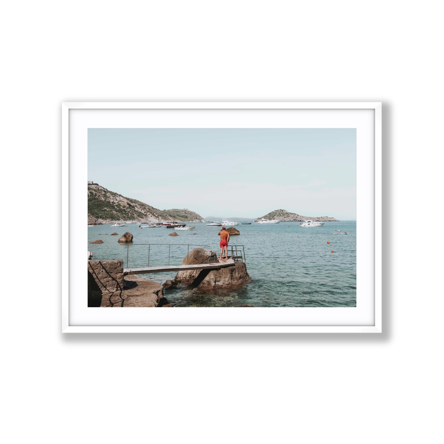 Out Of Office Tuscany coastal Italian wall art Extra Large fine art print in white frame with matboard