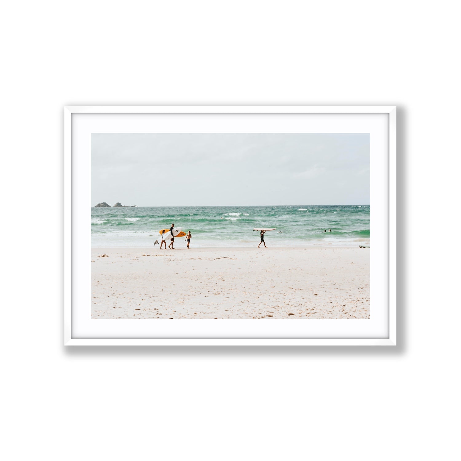 La Famiglia Byron Bay Family Surf coastal wall art Extra Large fine art print in white frame with matboard