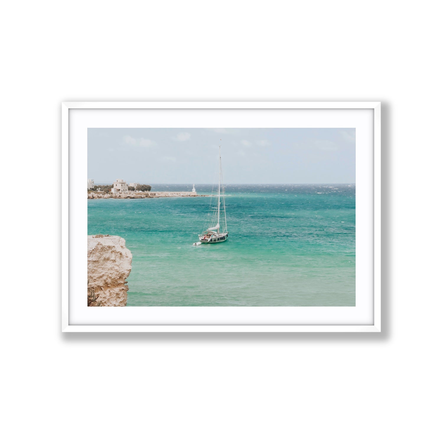 Adriatic Escape Puglia Italian coastal decor wall art Extra Large fine art print in white frame with matboard