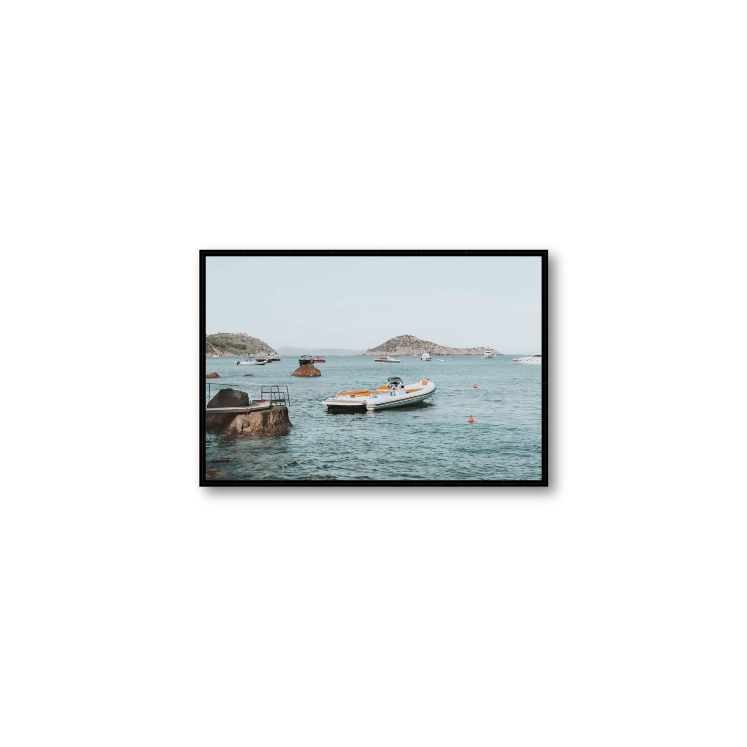 The Azure Sea Tuscany coastal Italian wall art Medium fine art canvas in black float frame