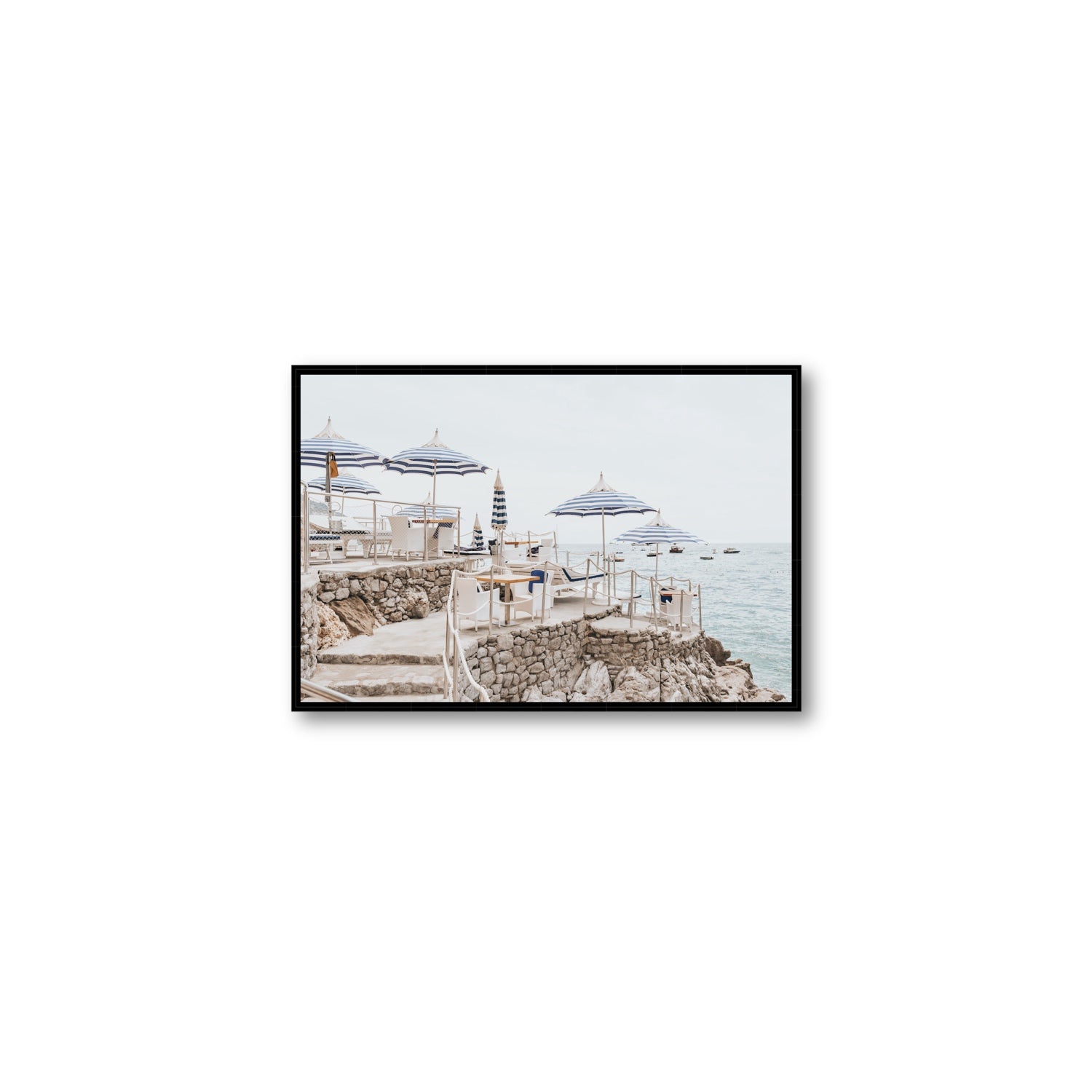 Ombrelloni fine art print, Positano, Italy, Medium, Black Float Frame, Fine Art Canvas