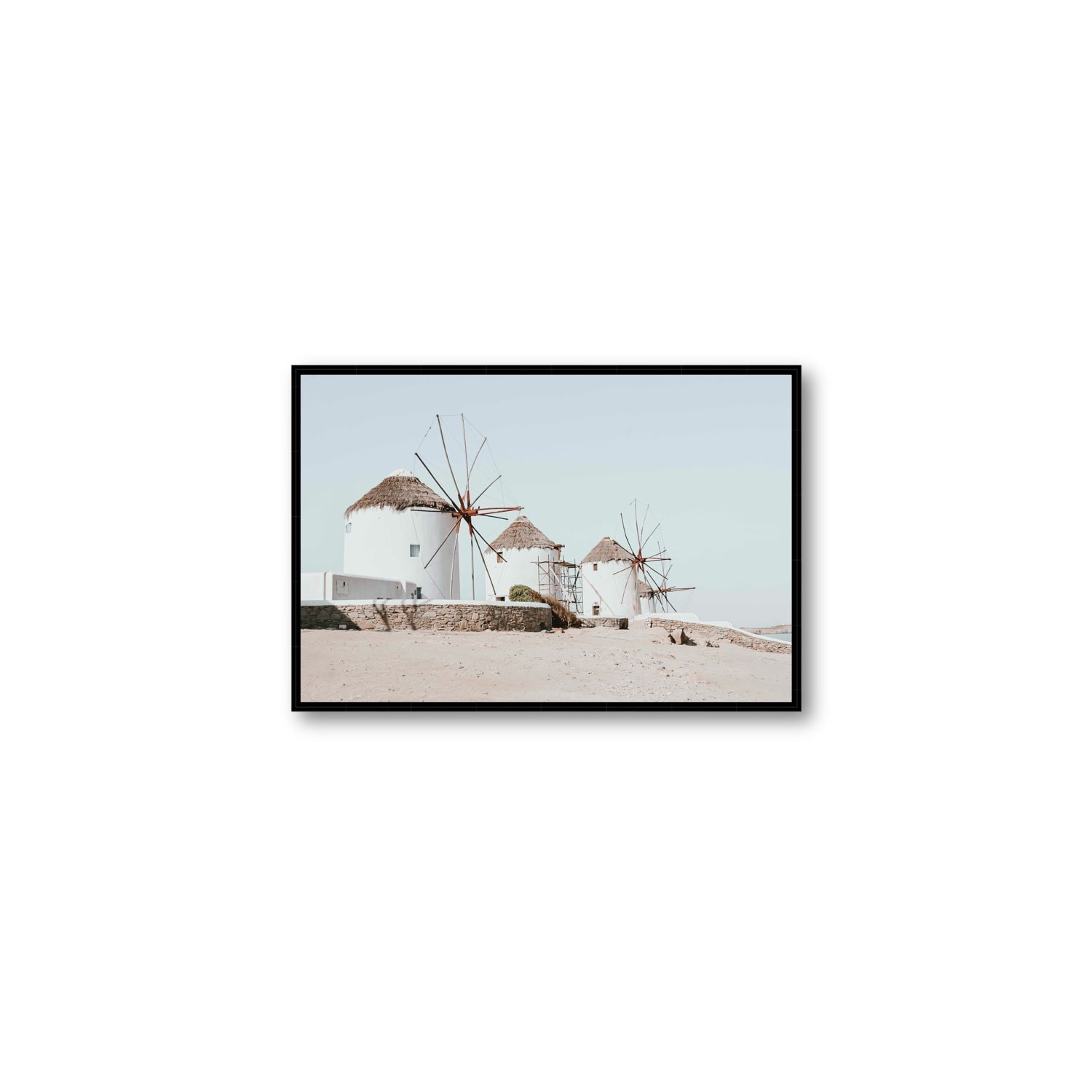 Rustic Icons Mykonos Greek island wall art Medium fine art canvas in black float frame