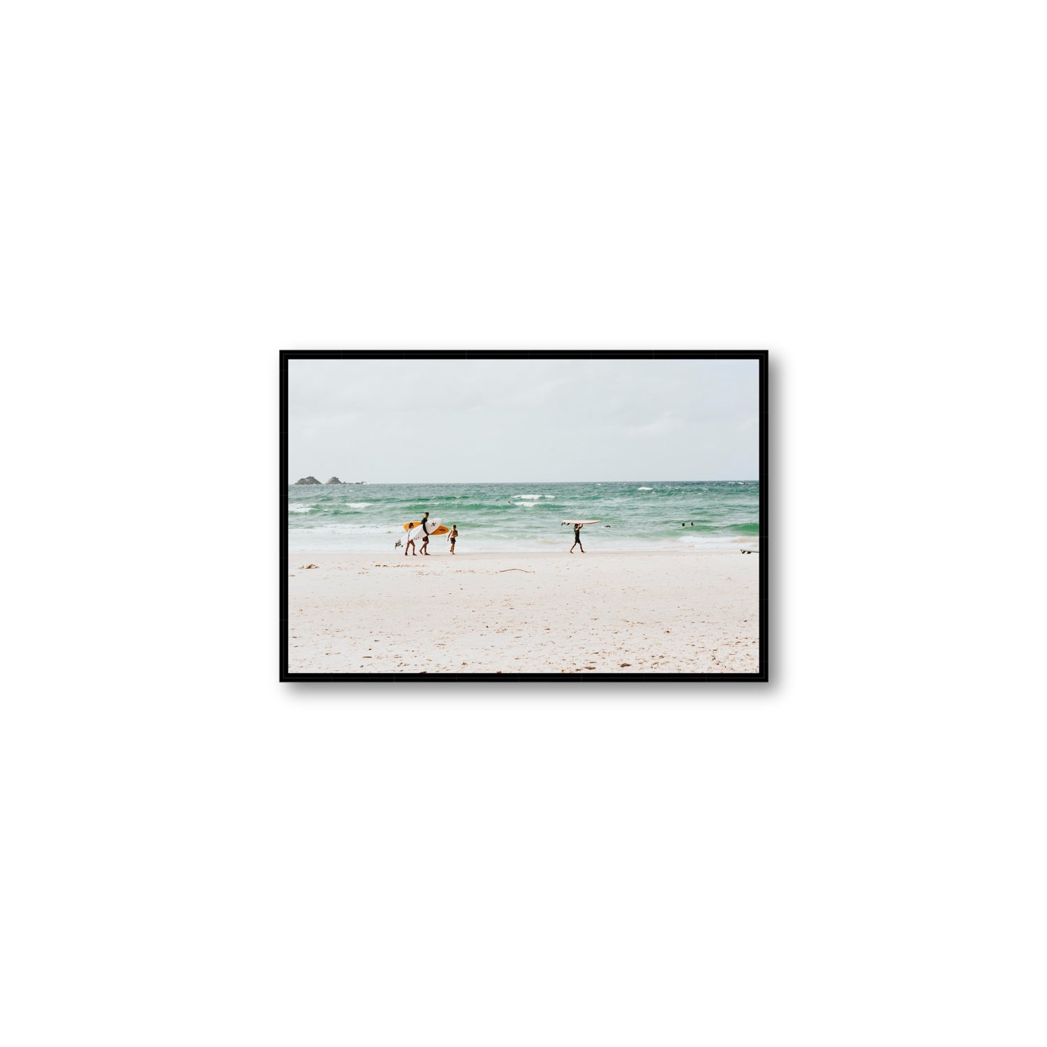 La Famiglia Byron Bay Family Surf coastal wall art Medium fine art canvas in black float frame