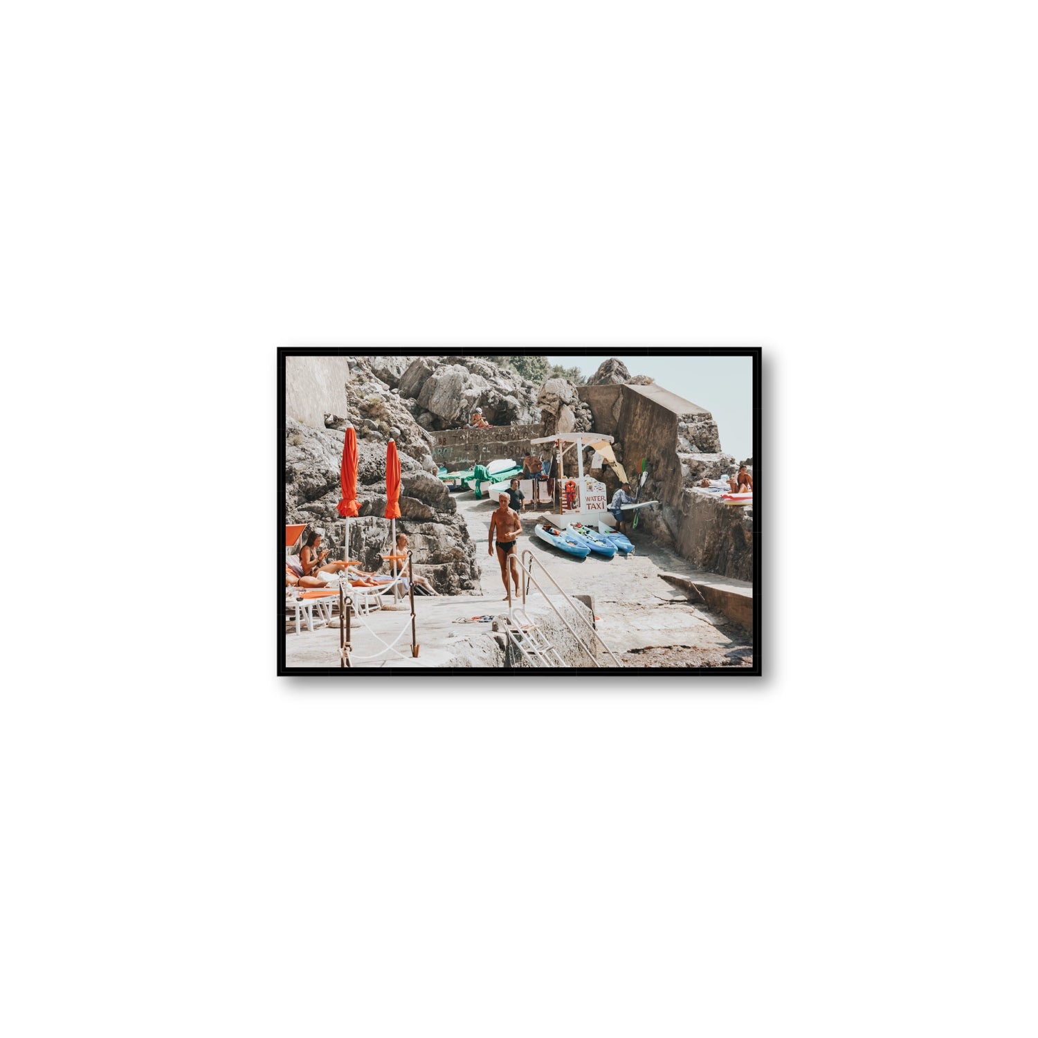 The Local Praiano Amalfi Coast Mediterranean wall art Medium fine art canvas in black float frame