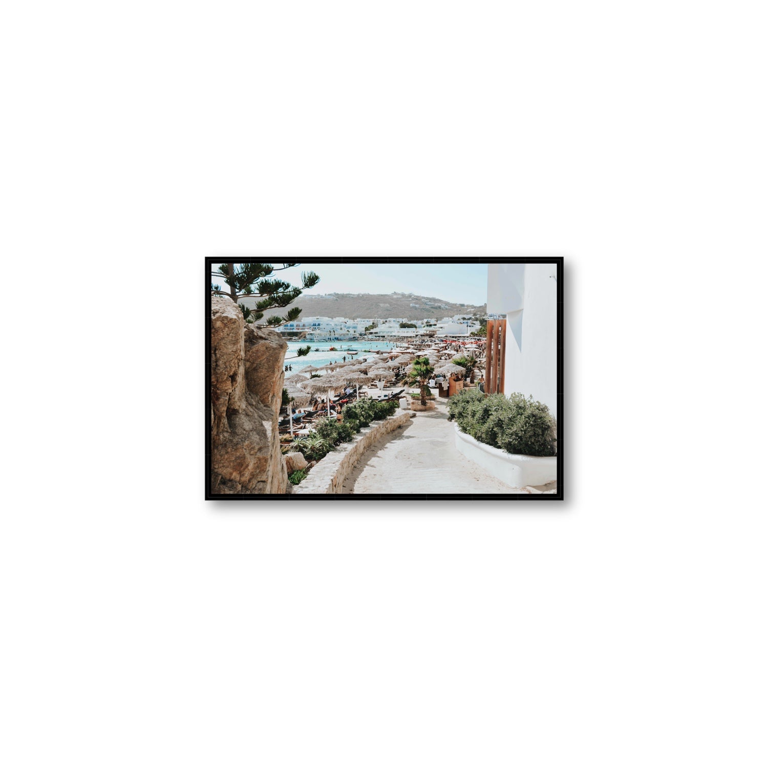 Kalimera Mykonos Greek island wall art Medium fine art canvas in black float frame