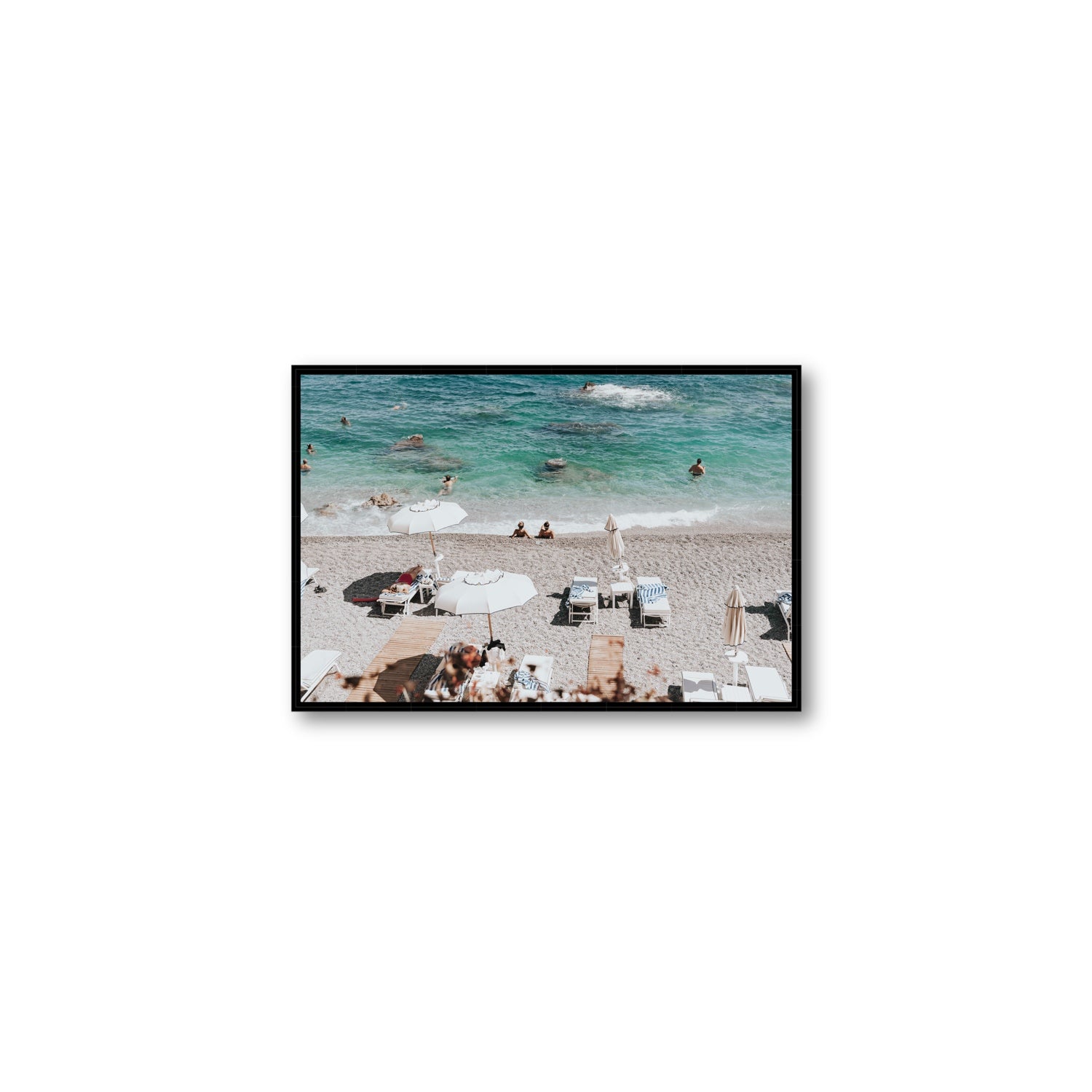 Amicizia Amalfi Italian beach wall art Medium fine art canvas in black float frame