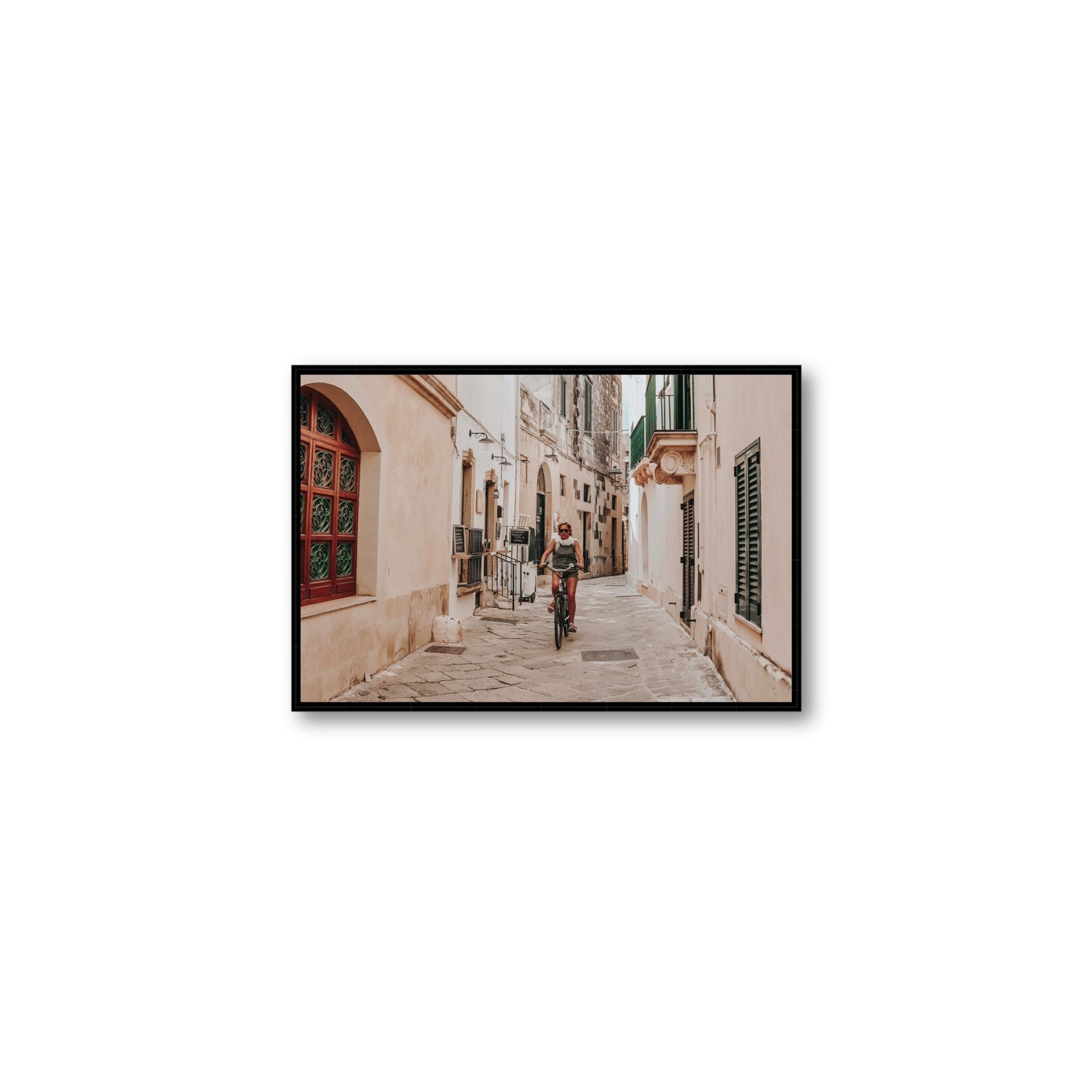 La Donna In Bicicletta Puglia Wall Italian fine art print Medium fine art canvas in black float frame