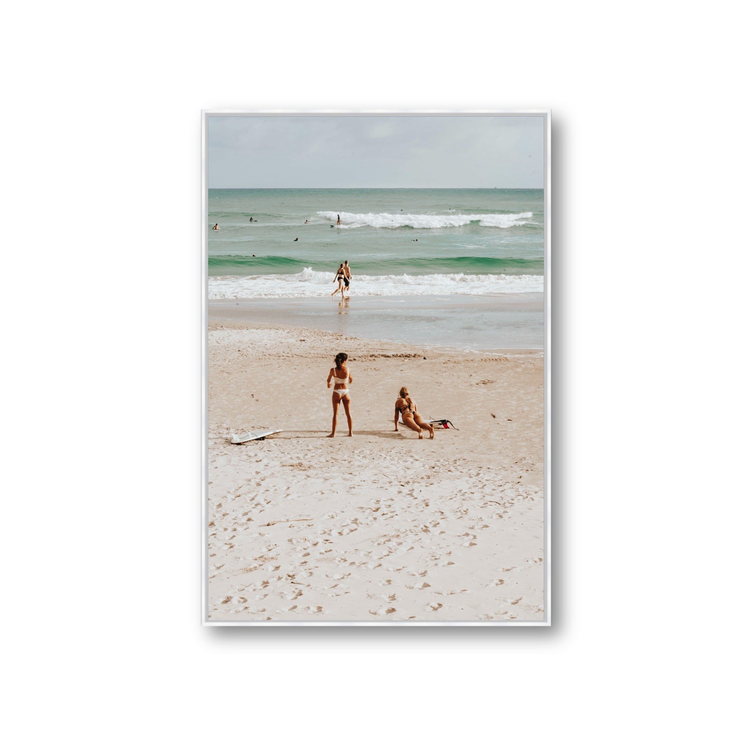 Gidget & Betty Byron Bay beach coastal wall art Giant fine art canvas in white float frame