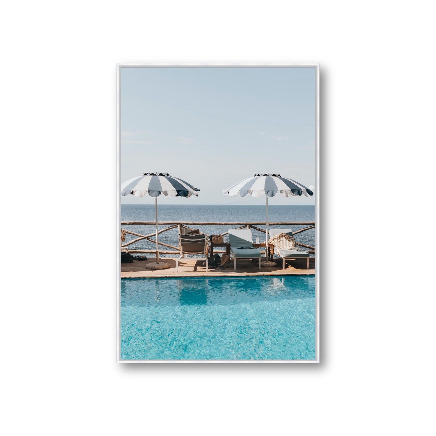 Beach Retreat fine art print, Ischia, Italy, european beach clubs artwork, Giant, White Float Frame, Fine Art Canvas