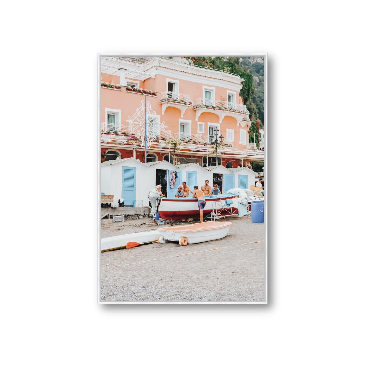 La Riunione della Mattina fine art print, Positano, Italy, Giant, White Float Frame, Fine Art Canvas