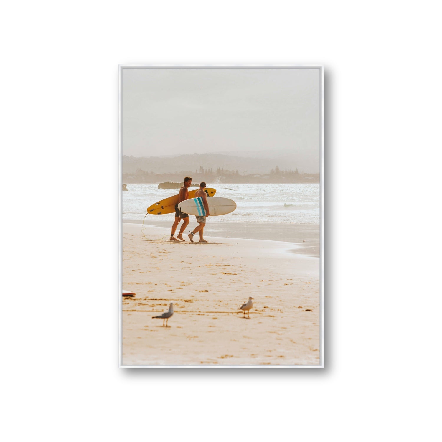 Shane & Benji Byron Bay Surf coastal wall art Giant fine art canvas in white float frame