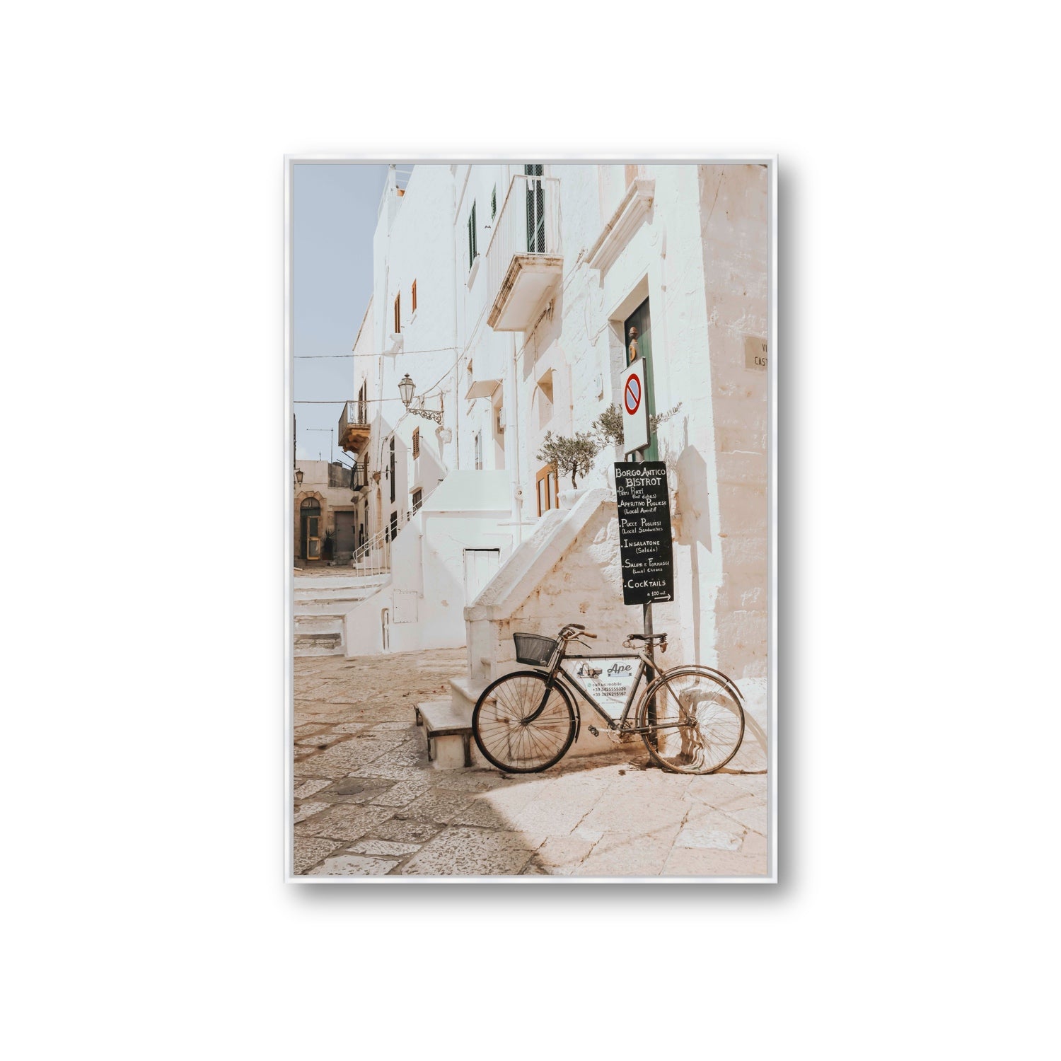 La Bicicletta Puglia Ostuni wall art Giant fine art canvas in white float frame