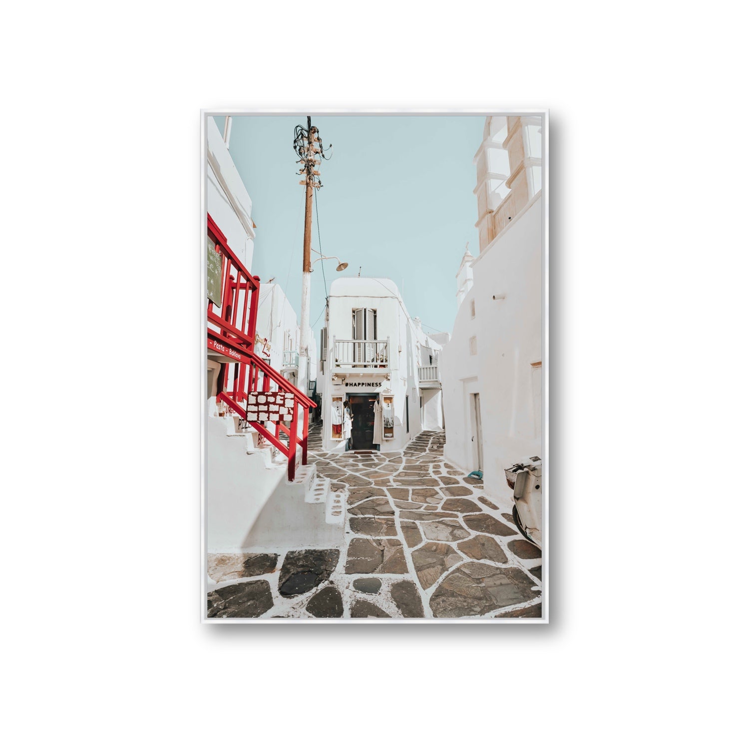 Happiness Mykonos Greek island wall art Giant fine art canvas in white float frame