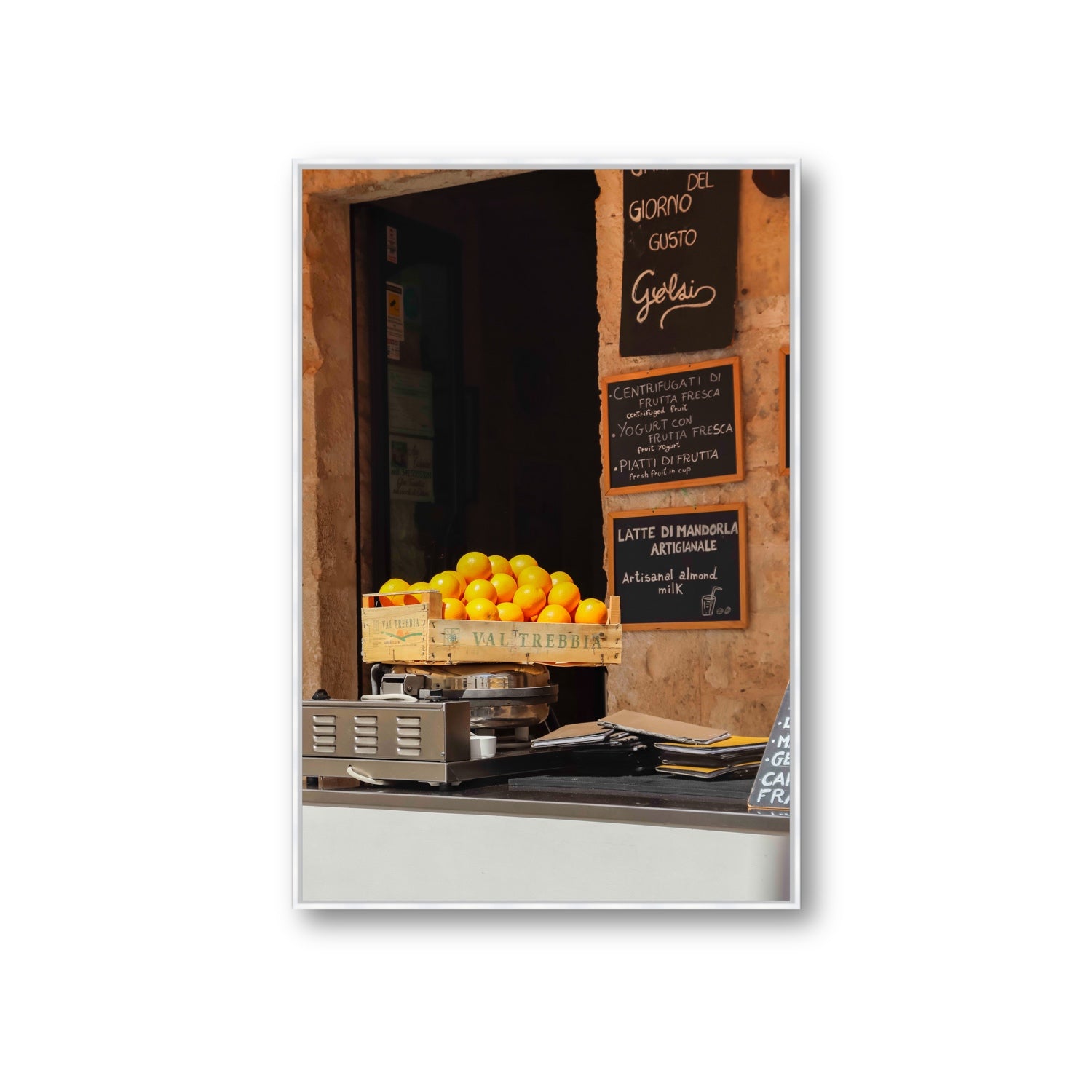 Luminous Citrus Puglia Ostuni Italian wall art Giant fine art canvas in white float frame